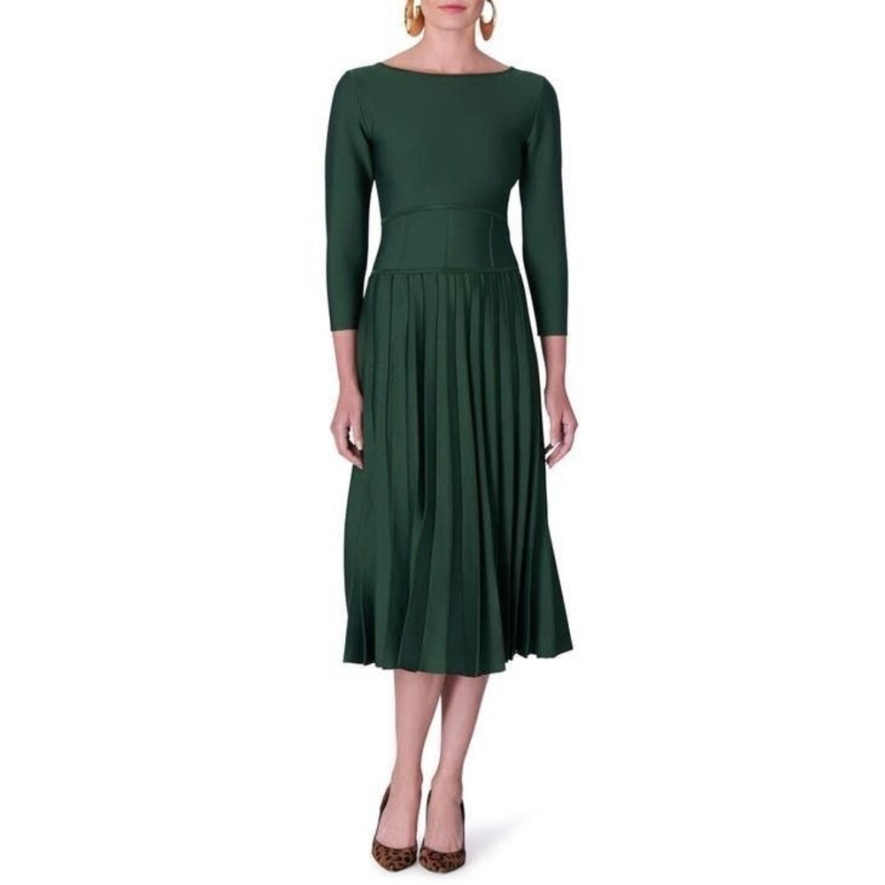$2390 Carolina Herrera Corset-Waist Pleated Midi Dress Size: L - Picture 3 of 13